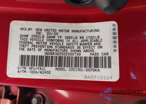 2005 Toyota Corolla Ce z USA, uszkodzony, nr VIN 1NXBR32E55Z500739